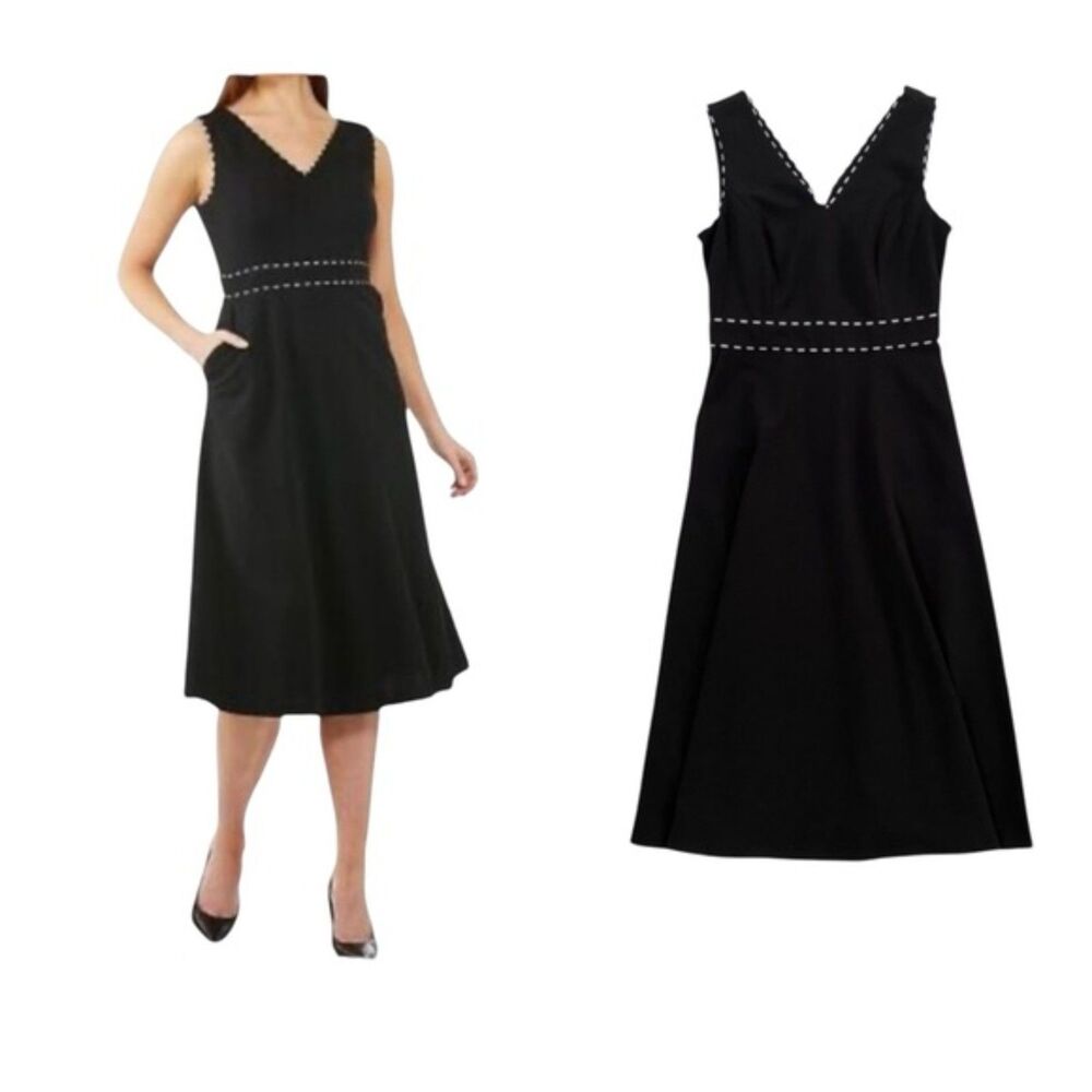 Calvin Klein V-neck Sleeveless A-line Black White Midi Dress Size 10